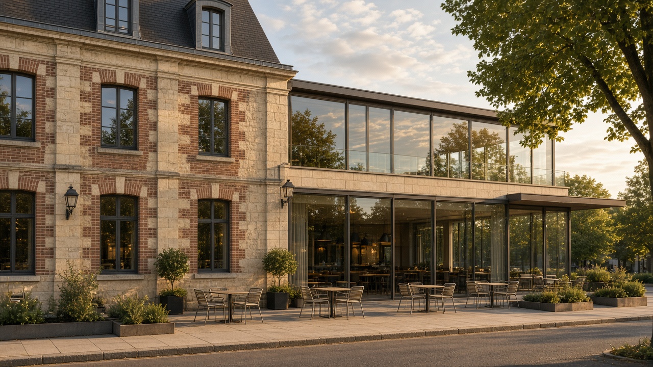 Hôtel et restaurant vitrés à Beauvais, façade ouest avec film solaire professionnel discret