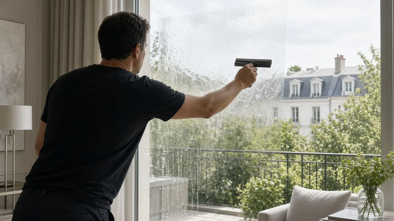 Pose de film solaire par un technicien sur vitrage dans l'Oise